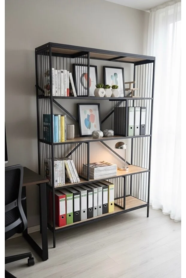 Dekoratif Lüx 5 Raflı Kitaplık Geniş Metal Kitaplık Dosya Rafı Ofis Salon Raf Ceviz